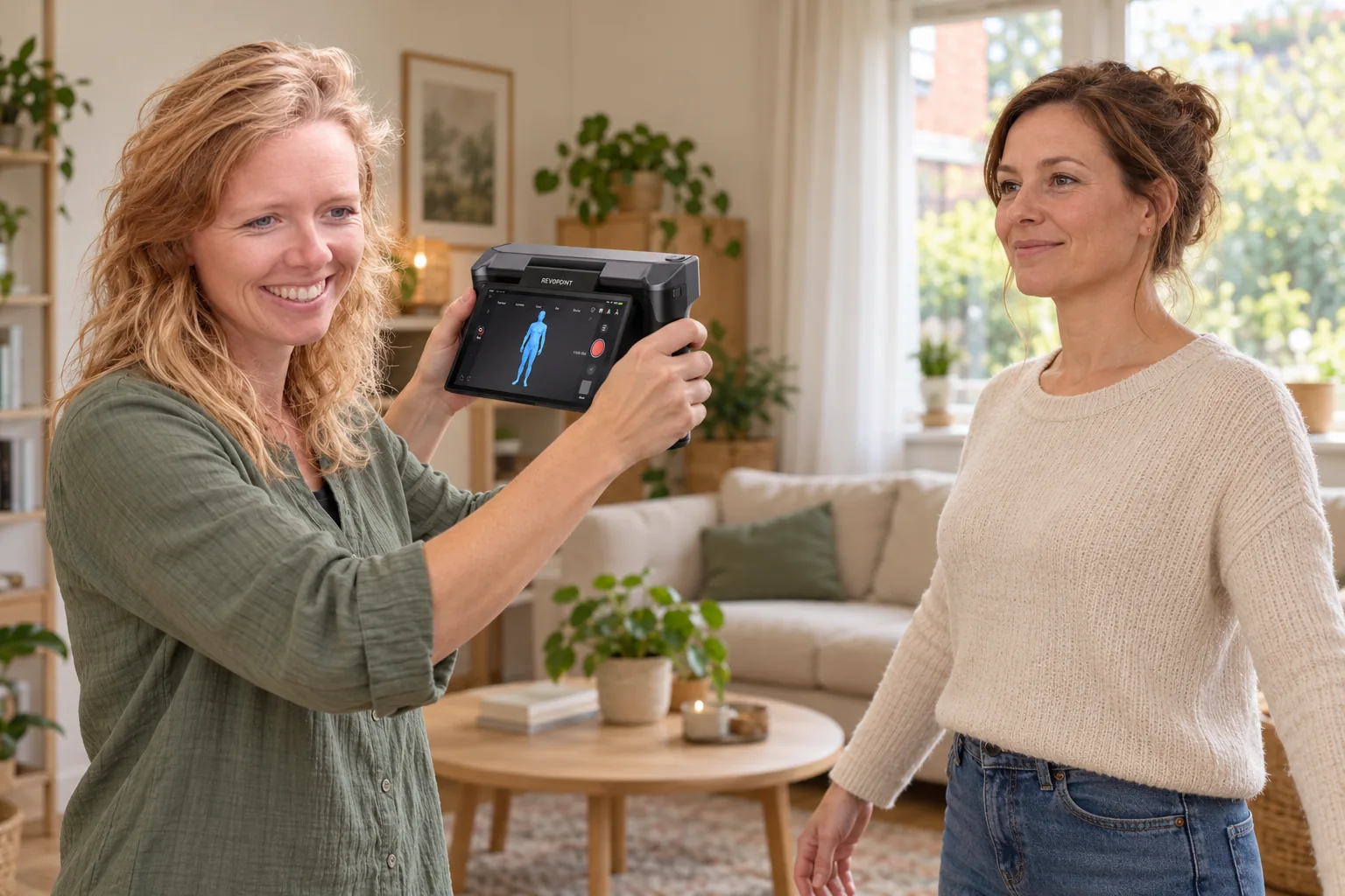AI-sfeerbeeld: Laura scant een rustig poserend persoon met een handzame 3D-scanner in een warme woonkamer