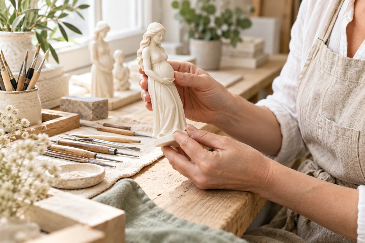 Sfeerbeeld: Zorgvuldige aandacht voor een persoonlijk beeldje in het atelier
