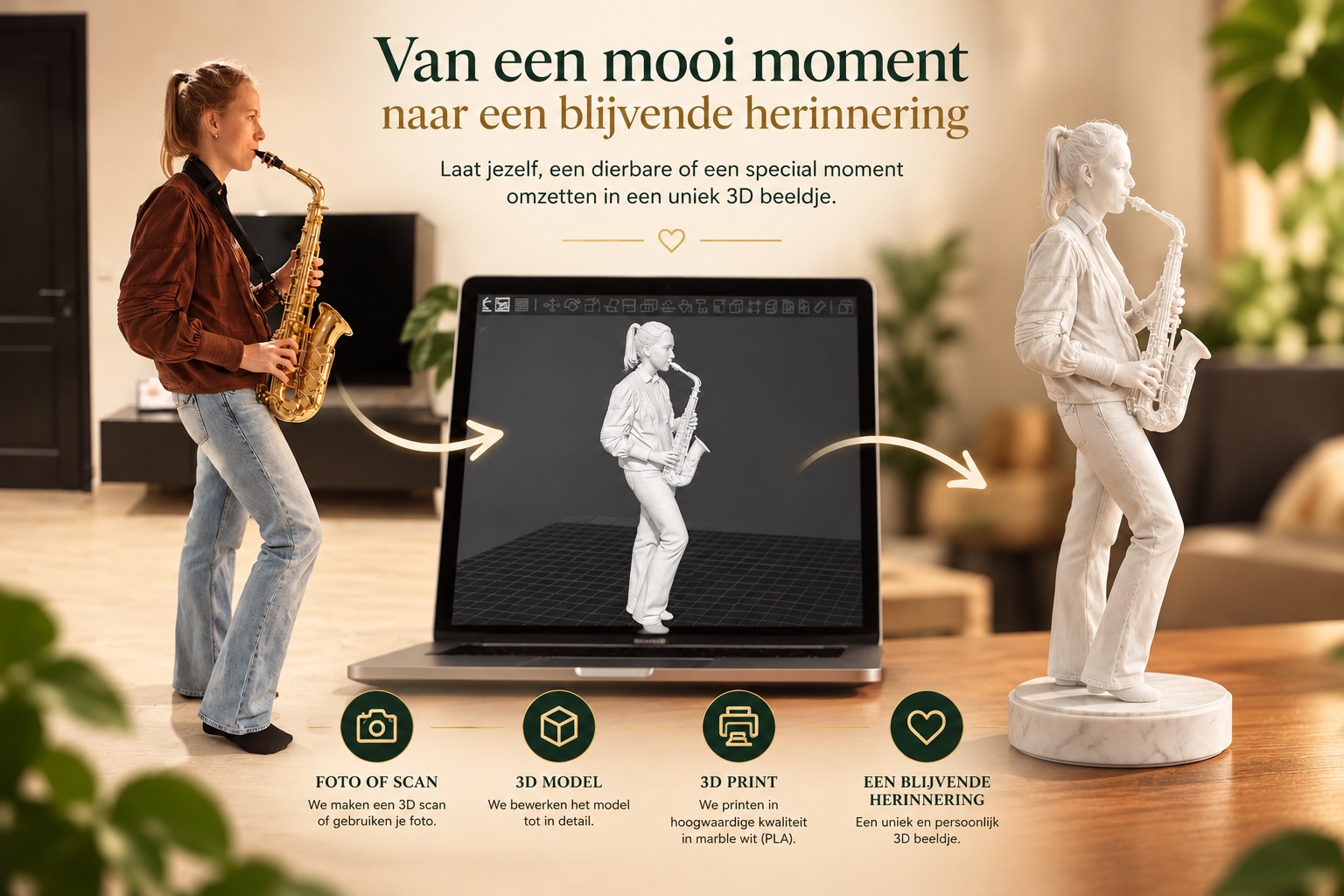 Van foto of scan naar een 3D-model, print en blijvende herinnering; saxofonist als voorbeeld